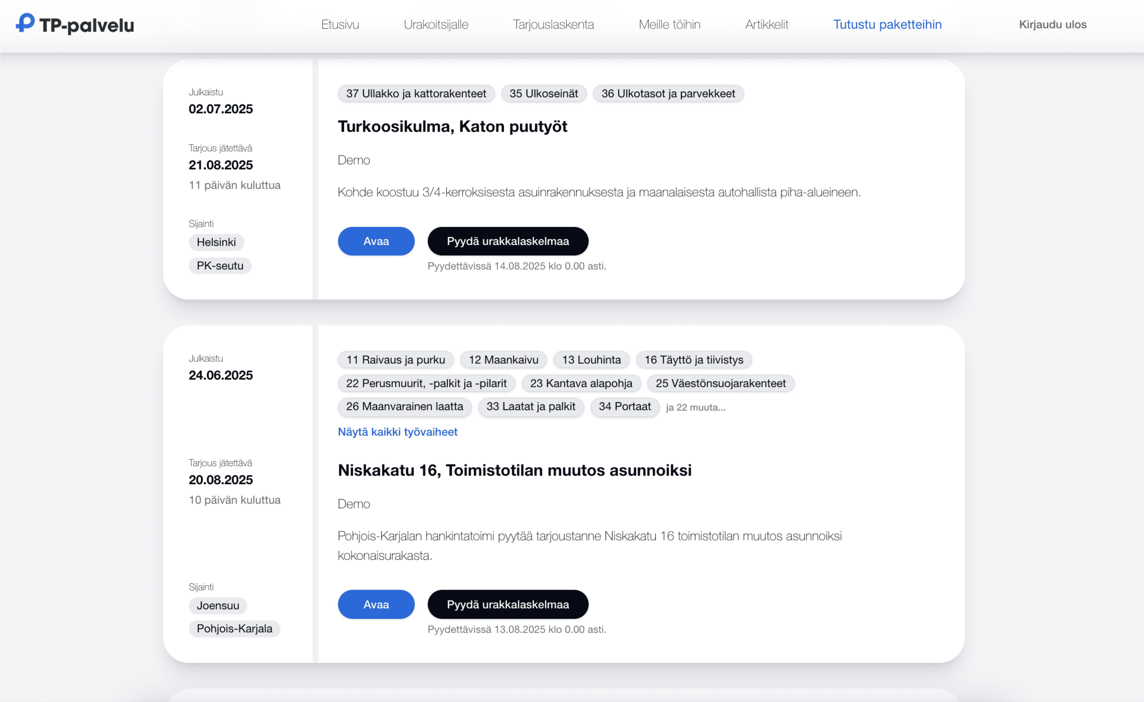 Tarjouspyynnöt urakoitsijalle näkyvät tp-palvelussa helposti allekkain tarjouspyyntö listana.