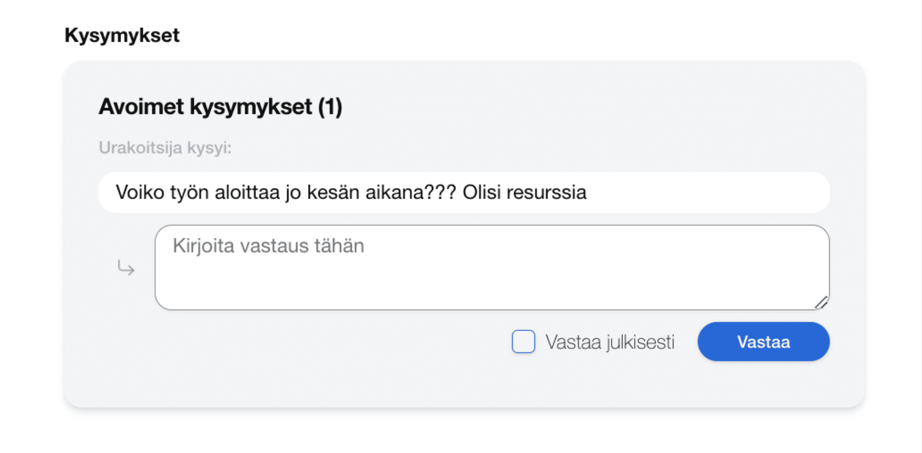 Miten tarjouspalvelussa toimii urakoitsijan kysymykset ja kommunikointi ennen tarjouspyynnön jättöä.