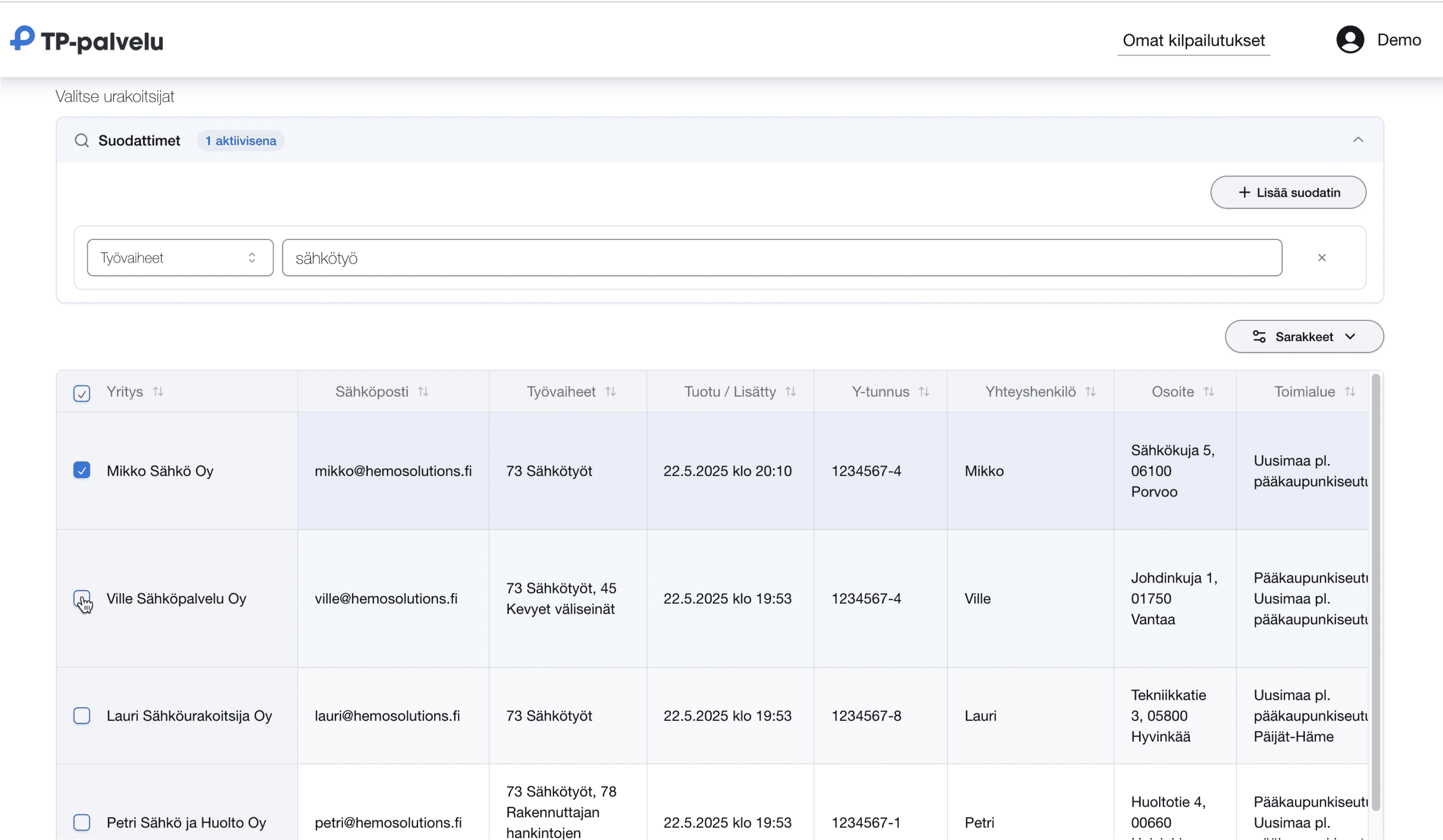 Näyttökuva tarjouspalvelusta miten omat kumppanit näkyy listattuna hankintalistana.