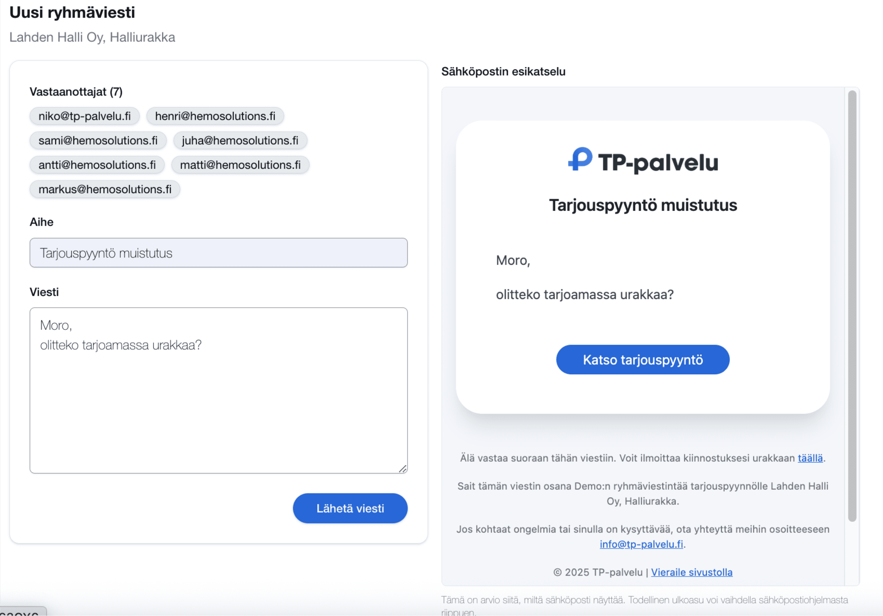 Massa sähköpostin lähetys urakoitsijoille tai tarjonneille rakentajille.