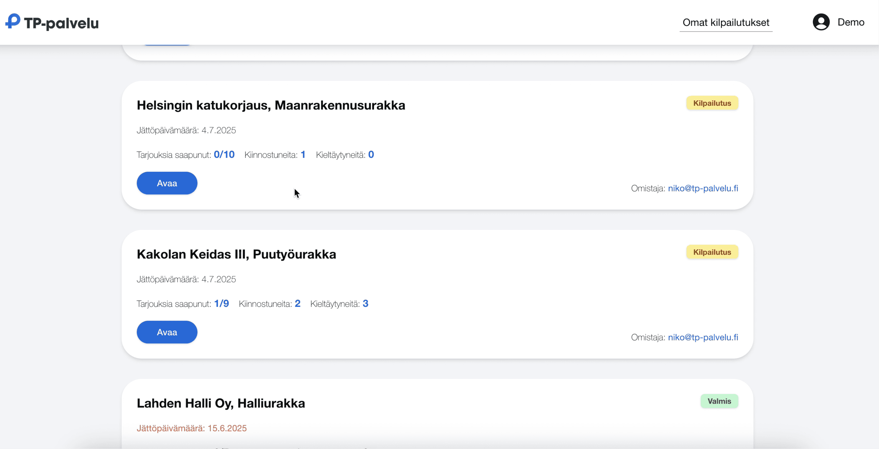 Näyttökuva tarjouspalvelusta miten TP-palvelu auttaa löytämään urakoitsijoita.